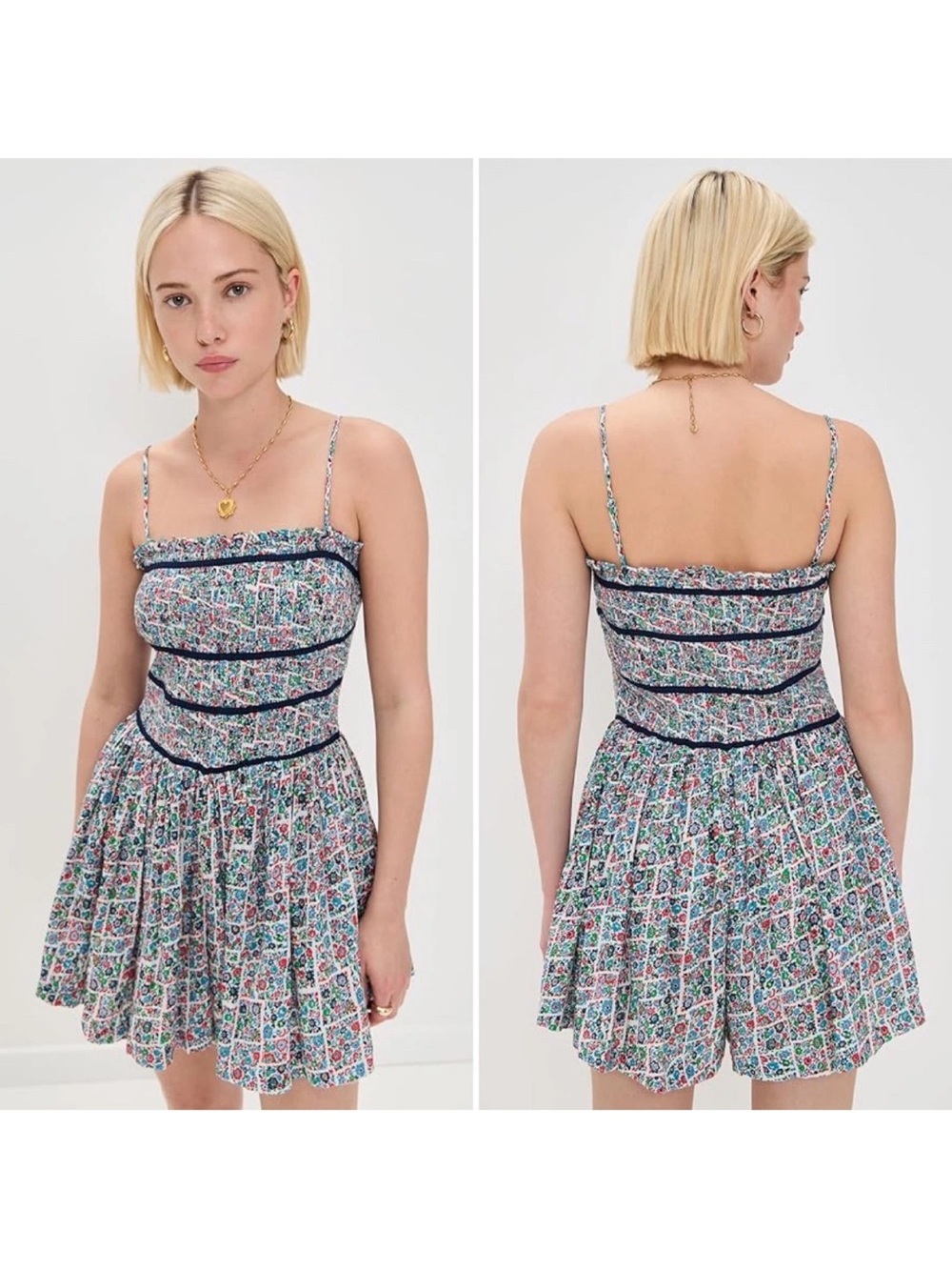 Free People Bali Checked Out Gardenia Floral Smocked Romper Large NWT
